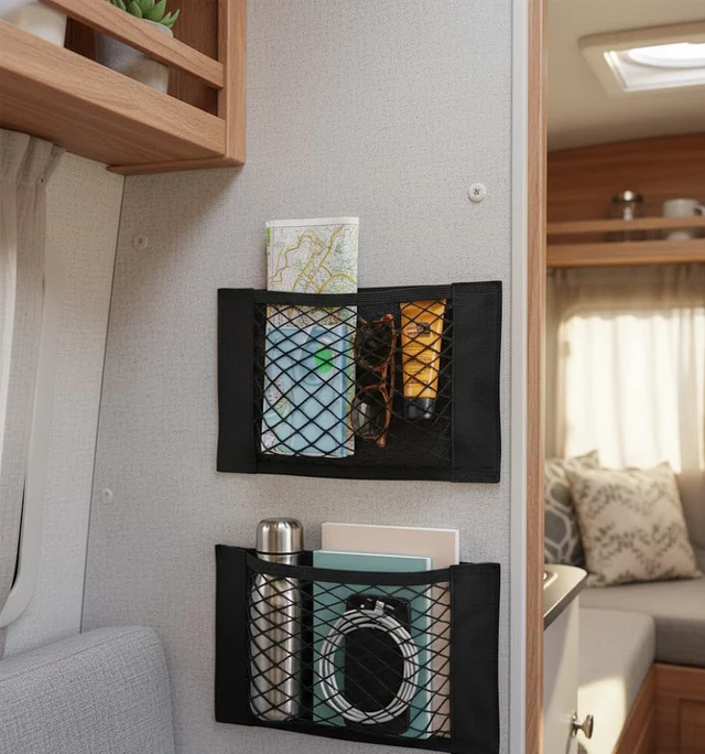 Alt view image 2 of 7 - 2 Pcs Back Seat Car Organizer Net for SUV, RV Inside Storage Organization Universal Cargo Mesh Bags, Adhesive Elastic Net Holder Accessories Pouch for Trunk, Camper, Car Ceiling, Front Seat, Boat