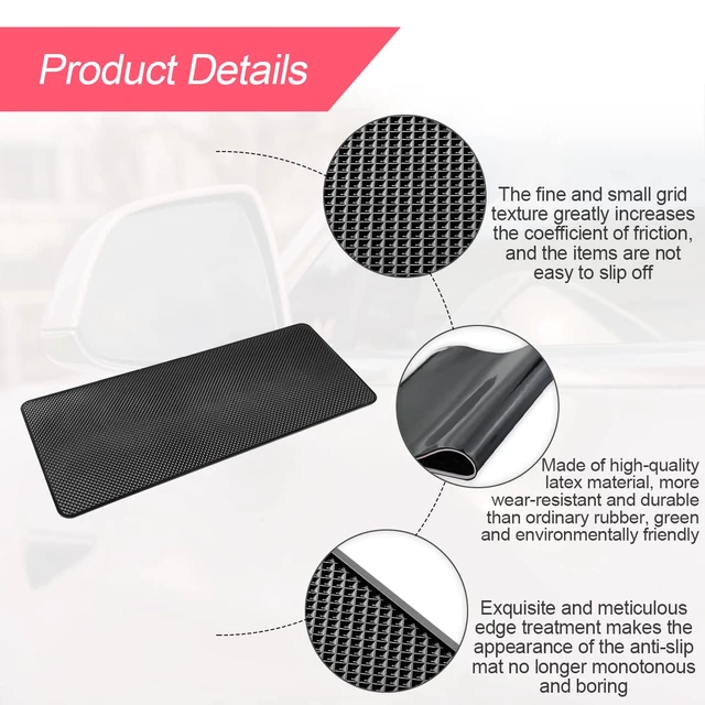 Alt view image 3 of 6 - 15.7x7.8 Inch Car Dashboard Anti Slip Sticky Pad, Black/Grid | Universal fit, flat dashboard use, PVC mat, washable gel grip, phone/key/glasses tray, no glue, car interior accessories