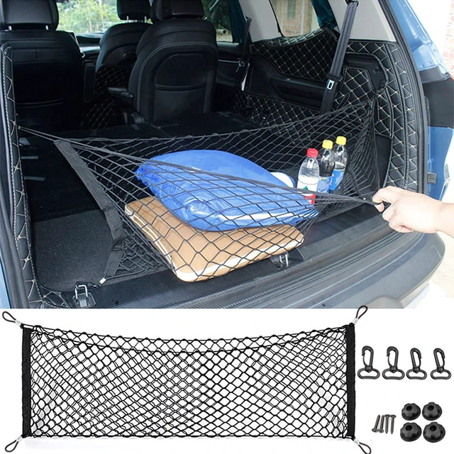 Alt view image 2 of 7 - Car Rear Cargo Net, Universal Adjustable Elastic Trunk Cargo Storage Organizer Net Compatible for SUV, Jeep, Truck, Storage Nylon Mesh Double-Layer with Hooks (35.4 x 15.7 Inch)