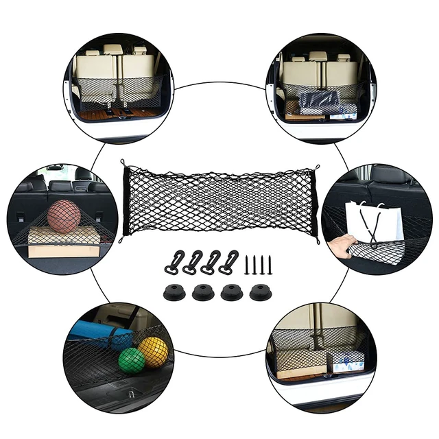 Alt view image 3 of 7 - Car Rear Cargo Net, Universal Adjustable Elastic Trunk Cargo Storage Organizer Net Compatible for SUV, Jeep, Truck, Storage Nylon Mesh Double-Layer with Hooks (35.4 x 15.7 Inch)