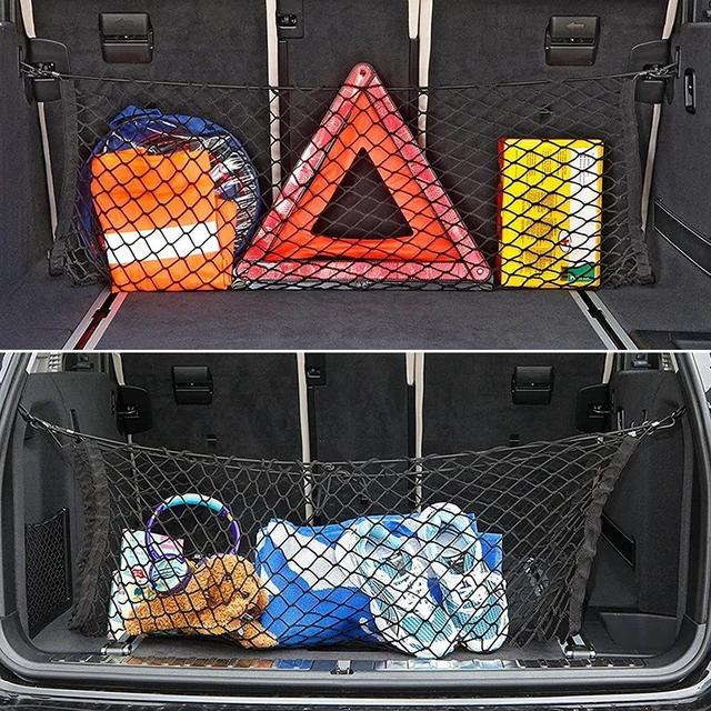 Alt view image 6 of 7 - Car Rear Cargo Net, Universal Adjustable Elastic Trunk Cargo Storage Organizer Net Compatible for SUV, Jeep, Truck, Storage Nylon Mesh Double-Layer with Hooks (35.4 x 15.7 Inch)