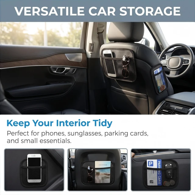 Alt view image 4 of 7 - 2 PCS Car Storage Net Pocket, Small + Large Multifunctional Organizer for Key & Card & Phone, Side Clutter Mesh Pocket with Self-Adhesive, Storage Accessory for Car Home RV Boat (Black)