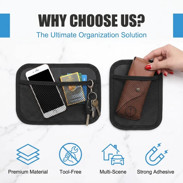 Alt view image 7 of 7 - 2 PCS Car Storage Net Pocket, Small + Large Multifunctional Organizer for Key & Card & Phone, Side Clutter Mesh Pocket with Self-Adhesive, Storage Accessory for Car Home RV Boat (Black)
