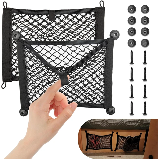 Main image of 2 Layer Small Mesh Cargo Net Elastic Storage Netting 2 Pcs Stretchable Car Organizer Net 14×10 Inch for Trunk RV Boats Home Auto Cargo Net Pocket with Screws and Hooks