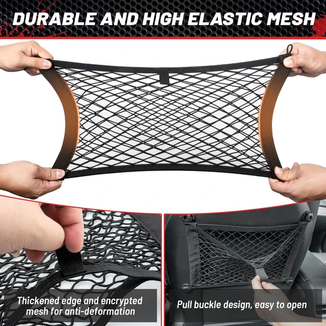 Alt view image 2 of 7 - 2 Layer Small Mesh Cargo Net Elastic Storage Netting 2 Pcs Stretchable Car Organizer Net 14×10 Inch for Trunk RV Boats Home Auto Cargo Net Pocket with Screws and Hooks