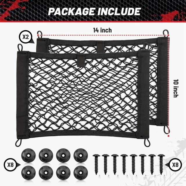 Alt view image 4 of 7 - 2 Layer Small Mesh Cargo Net Elastic Storage Netting 2 Pcs Stretchable Car Organizer Net 14×10 Inch for Trunk RV Boats Home Auto Cargo Net Pocket with Screws and Hooks