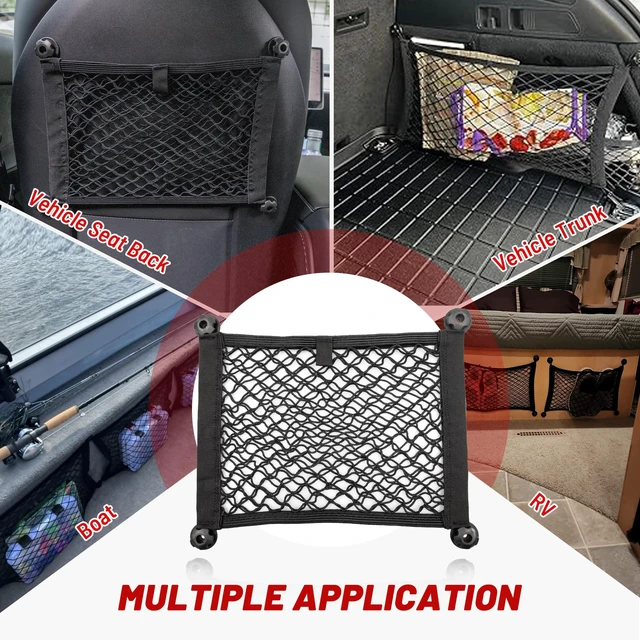 Alt view image 6 of 7 - 2 Layer Small Mesh Cargo Net Elastic Storage Netting 2 Pcs Stretchable Car Organizer Net 14×10 Inch for Trunk RV Boats Home Auto Cargo Net Pocket with Screws and Hooks