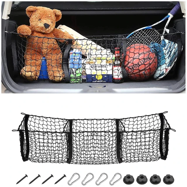 Main image of 3-Pocket Car Trunk Cargo Net with Carabiners | expandable mesh storage, fits compatible storage areas, car interior accessories
