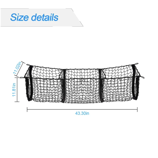 Alt view image 2 of 6 - 3-Pocket Car Trunk Cargo Net with Carabiners | expandable mesh storage, fits compatible storage areas, car interior accessories