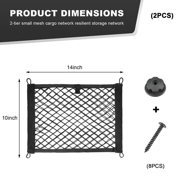 Alt view image 2 of 6 - 2 PCS Small Cargo Nets, 14"×10" Double Layer Car Organizer Net with Mounting Screws & Hooks, Stretchable Cargo Netting Storage Pouch for Car Truck SUV RV Boat Trunk