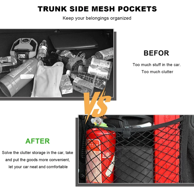 Alt view image 4 of 6 - 2 PCS Small Cargo Nets, 14"×10" Double Layer Car Organizer Net with Mounting Screws & Hooks, Stretchable Cargo Netting Storage Pouch for Car Truck SUV RV Boat Trunk