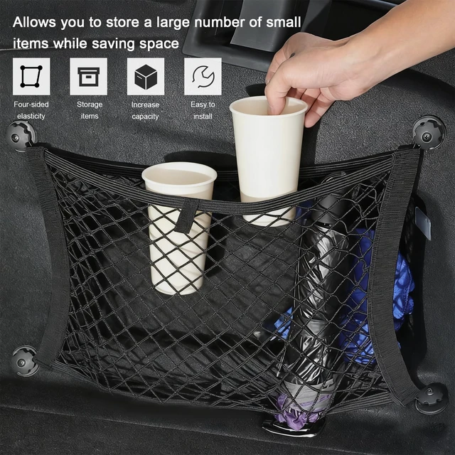 Alt view image 5 of 6 - 2 PCS Small Cargo Nets, 14"×10" Double Layer Car Organizer Net with Mounting Screws & Hooks, Stretchable Cargo Netting Storage Pouch for Car Truck SUV RV Boat Trunk