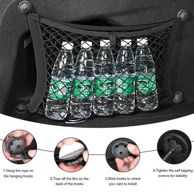 Alt view image 6 of 6 - 2 PCS Small Cargo Nets, 14"×10" Double Layer Car Organizer Net with Mounting Screws & Hooks, Stretchable Cargo Netting Storage Pouch for Car Truck SUV RV Boat Trunk