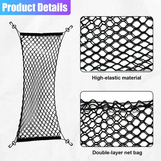 Alt view image 3 of 6 - Car Cargo Net, Elastic Stretchable Car Trunk Cargo Storage Net with Hooks, Double-Layer Nylon Truck Organizer Mesh, Vehicle Interior Accessories for Most SUVs, Trucks (35.4x15.7 inch/90×40 cm)