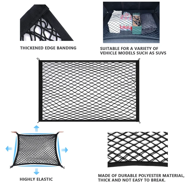 Alt view image 5 of 7 - Cargo Net Car with Hooks Adjustable Highly Elastic Storage Organizer Net | Cargo Net for SUV, Pickup Trucks,Mesh Organizer 2.6'x2' Stretches to 5'x4',Road Trip Essentials Black
