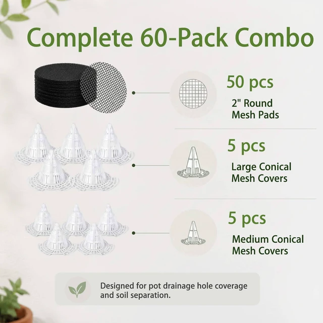Alt view image 2 of 7 - Plant Pot Drainage Kit, 60 Pack | 10 Cone Grid Pads + 50 Mesh Screens, Improves Drainage & Airflow, Reduces Soil Loss, Indoor Outdoor Plants & Bonsai