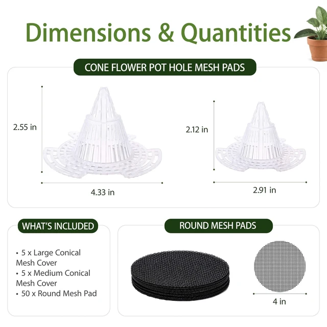 Alt view image 3 of 7 - Plant Pot Drainage Kit, 60 Pack | 10 Cone Grid Pads + 50 Mesh Screens, Improves Drainage & Airflow, Reduces Soil Loss, Indoor Outdoor Plants & Bonsai