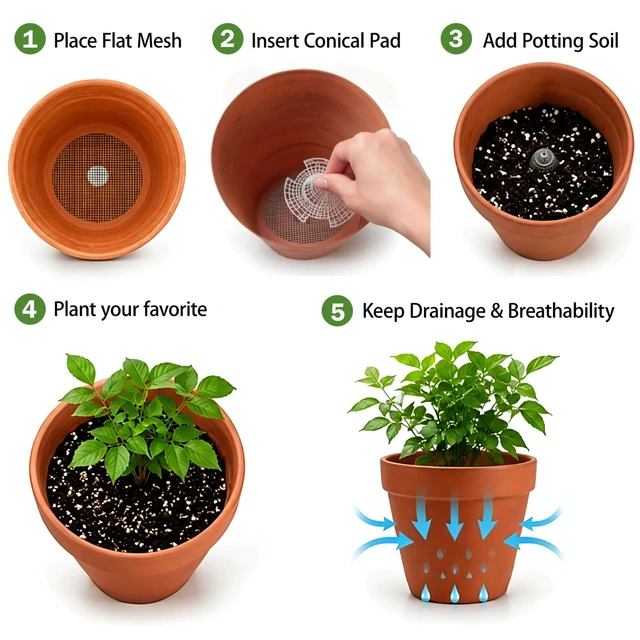 Alt view image 4 of 7 - Plant Pot Drainage Kit, 60 Pack | 10 Cone Grid Pads + 50 Mesh Screens, Improves Drainage & Airflow, Reduces Soil Loss, Indoor Outdoor Plants & Bonsai