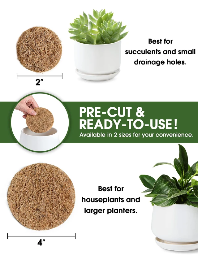 Alt view image 2 of 7 - Coconut Coir Drainage Pads, 2 Inch Round Liners for Pots, 10 Pack | Natural Coir Fiber Liners for Indoor & Outdoor Planters, Pre-Cut, Pot Hole Covers to Prevent Soil Loss