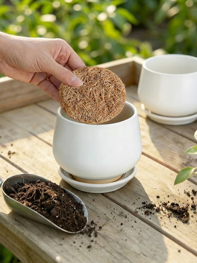 Alt view image 5 of 7 - Coconut Coir Drainage Pads, 2 Inch Round Liners for Pots, 10 Pack | Natural Coir Fiber Liners for Indoor & Outdoor Planters, Pre-Cut, Pot Hole Covers to Prevent Soil Loss