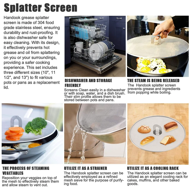 Alt view image 6 of 7 - Splatter Screen for Frying Pan, Set of 3 (10", 11.5", 13") | Stainless Steel Grease Splatter Guard for Frying Pan, No Cooking Oil Mess No Burns, Ultra Fine Mesh Lids