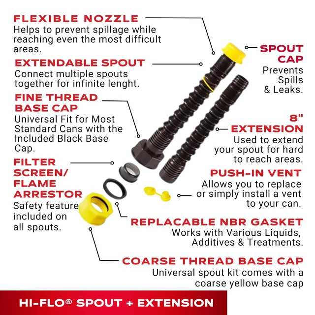 Alt view image 6 of 6 - HI-FLO Spout with Extension & Vent Kit, Multi-Purpose Spout, 1 Pk | Hi-Flo Spout with Extension & Flexible Nozzle. Fits 1, 2 & 5 Gallon Utility Cans, Water Jugs & Containers.