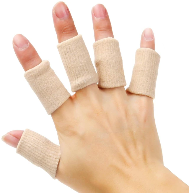Main image of 20 Pieces Finger Compression Sleeves Elastic Finger Protectors Thumb Splint Brace for Arthritis Pain Relief, Basketball Sport (Beige)