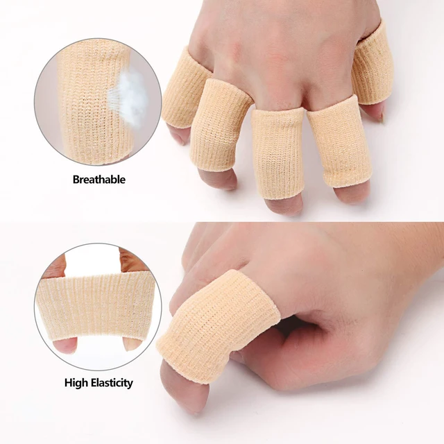 Alt view image 4 of 6 - 20 Pieces Finger Compression Sleeves Elastic Finger Protectors Thumb Splint Brace for Arthritis Pain Relief, Basketball Sport (Beige)