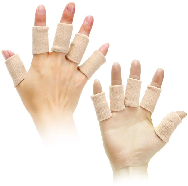 Alt view image 5 of 6 - 20 Pieces Finger Compression Sleeves Elastic Finger Protectors Thumb Splint Brace for Arthritis Pain Relief, Basketball Sport (Beige)