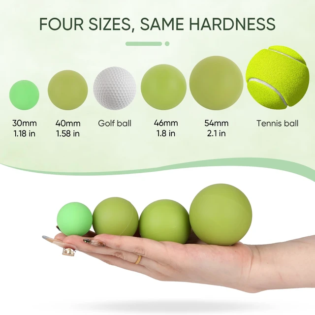 Alt view image 2 of 7 - Firm Massage Lacrosse Ball Set, 4 Sizes for Myofascial Release | Deep Tissue Recovery Tool for Athletes, Fitness, Hands, Feet, Trigger Point & Mobility Training with Guide and Pea Pod Case