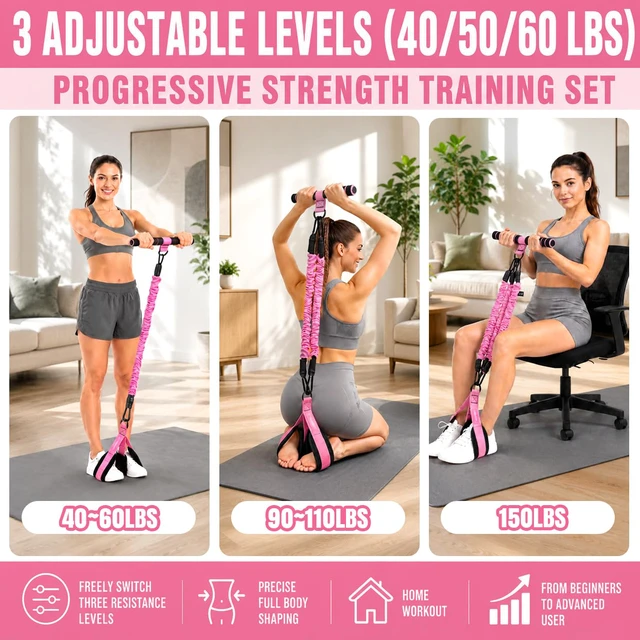 Alt view image 2 of 7 - Pedal Resistance Band, 40/50/60 lbs with Handles & Ankle Straps | 3-tube adjustable set for abs, core, arms, legs, hips, Pilates, stretching, and women's home workouts