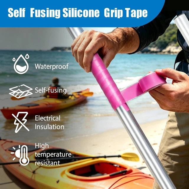 Alt view image 2 of 7 - Pink 12ft Self-Fusing Silicone Grip Tape | Non Slip Rubber Wrap Grip Tape for Kayak Paddles, Pull Up Bar, Bike Handles, Gym Equipment, Fishing Rod, Tool Grips