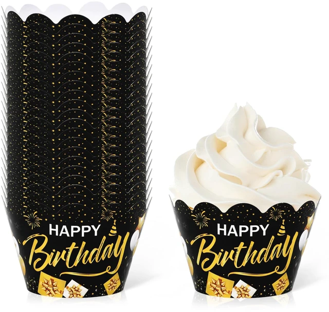 Main image of 36Pcs Happy Birthday Cupcake Wrappers Black Gold Birthday Cupcake Liners Decorative Cupcakes Holders for Baby Shower Party Cake Decoration