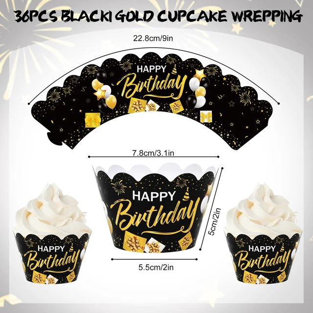 Alt view image 2 of 7 - 36Pcs Happy Birthday Cupcake Wrappers Black Gold Birthday Cupcake Liners Decorative Cupcakes Holders for Baby Shower Party Cake Decoration