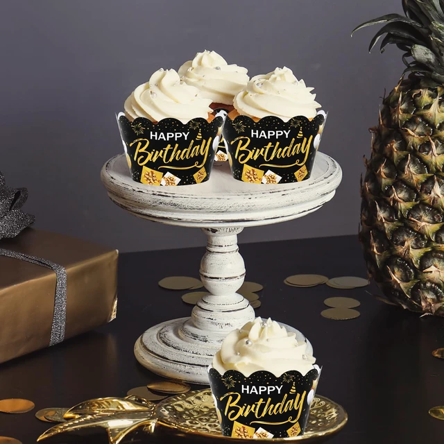 Alt view image 5 of 7 - 36Pcs Happy Birthday Cupcake Wrappers Black Gold Birthday Cupcake Liners Decorative Cupcakes Holders for Baby Shower Party Cake Decoration