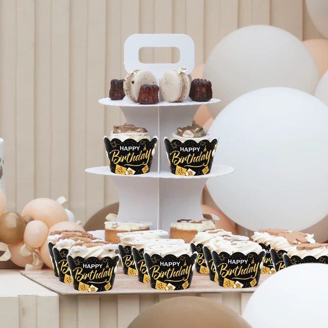 Alt view image 6 of 7 - 36Pcs Happy Birthday Cupcake Wrappers Black Gold Birthday Cupcake Liners Decorative Cupcakes Holders for Baby Shower Party Cake Decoration