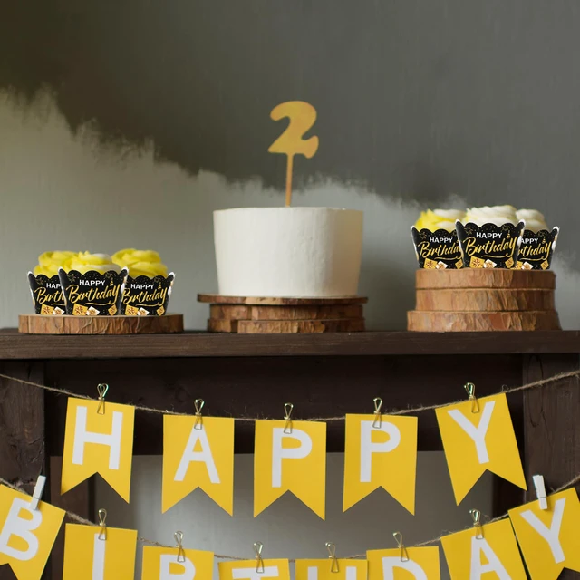 Alt view image 7 of 7 - 36Pcs Happy Birthday Cupcake Wrappers Black Gold Birthday Cupcake Liners Decorative Cupcakes Holders for Baby Shower Party Cake Decoration