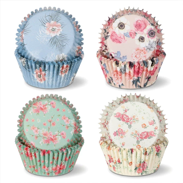 Main image of 100 Count Cup Cake Liners Paper, Floral Cupcake Liners for Baking | Food Grade Paper Baking Cups Colorful Disposable Cupcake Wrappers for Birthday Wedding Tea Party Cake Decor, 4 Patterns