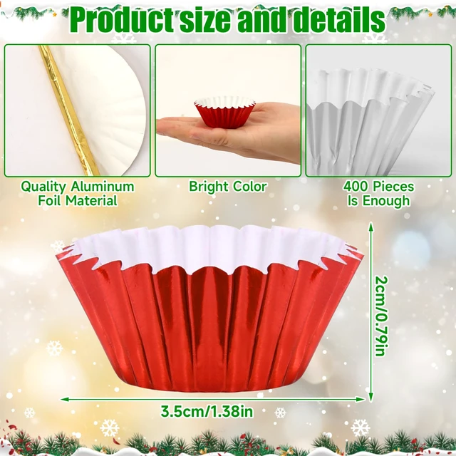 Alt view image 2 of 7 - 400pcs Christmas Mini Foil Cupcake Liners Golden Red Green Silver | Cupcake Baking Cups, Metallic Mini Muffin Cupcake Wrappers, for Xmas Holiday Party, Cake Candy Chocolate Decorations Supplies