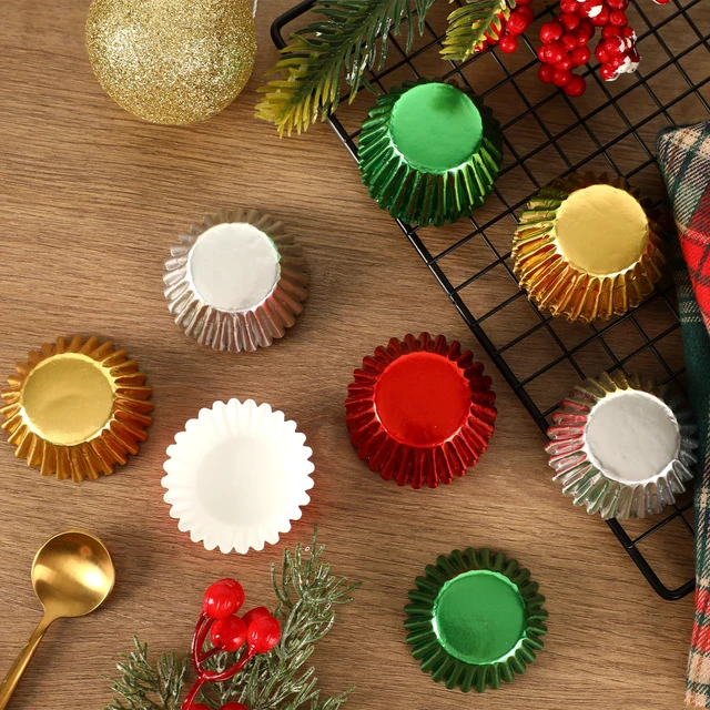 Alt view image 4 of 7 - 400pcs Christmas Mini Foil Cupcake Liners Golden Red Green Silver | Cupcake Baking Cups, Metallic Mini Muffin Cupcake Wrappers, for Xmas Holiday Party, Cake Candy Chocolate Decorations Supplies