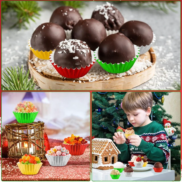 Alt view image 6 of 7 - 400pcs Christmas Mini Foil Cupcake Liners Golden Red Green Silver | Cupcake Baking Cups, Metallic Mini Muffin Cupcake Wrappers, for Xmas Holiday Party, Cake Candy Chocolate Decorations Supplies
