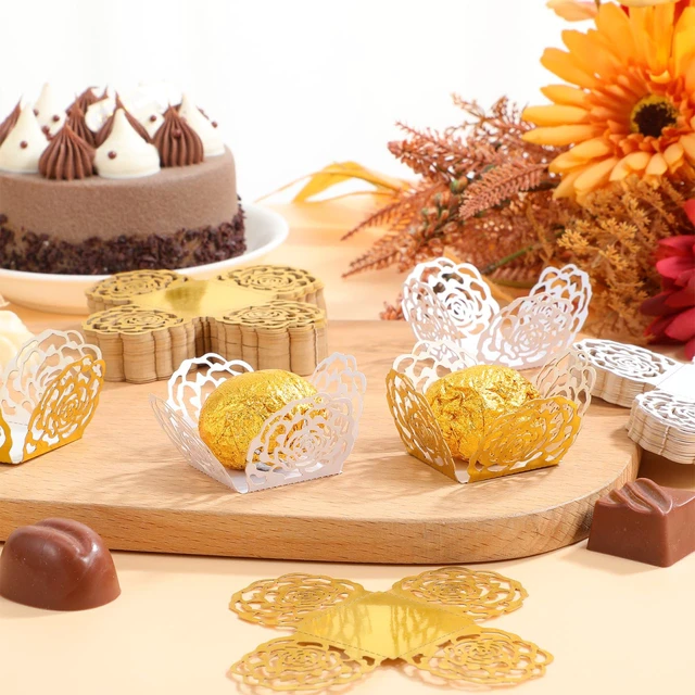 Alt view image 7 of 7 - 100Pcs Truffle Wrapper Liners, Paper Mini Cupcake Liners Chocolate Candy Transfer Sheets, Peanut Cupcake Wrappers Dessert Tray Muffin Baking Cups for Birthday Wedding Decoration