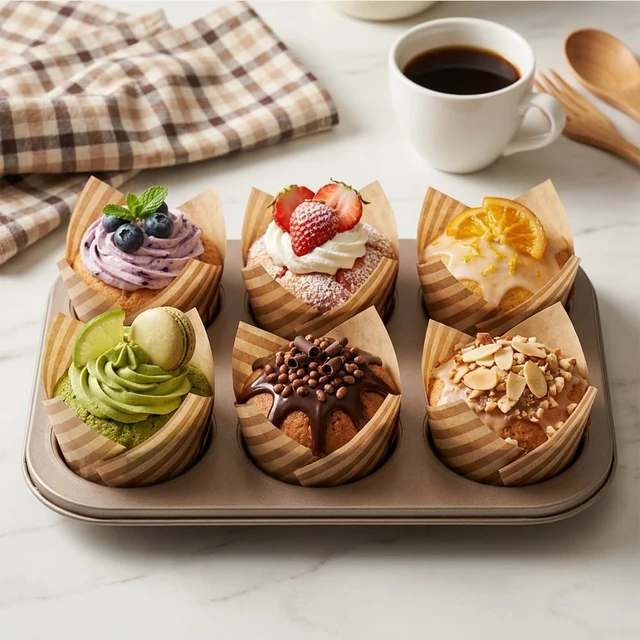 Alt view image 2 of 7 - 200Pcs Stripes Tulip Cupcake Liners Muffin Liners Holders Wooden | Baking Paper Cups Parchment Paper Greaseproof Cup Cake Wrappers for Party Christmas Birthdays Baby Showers
