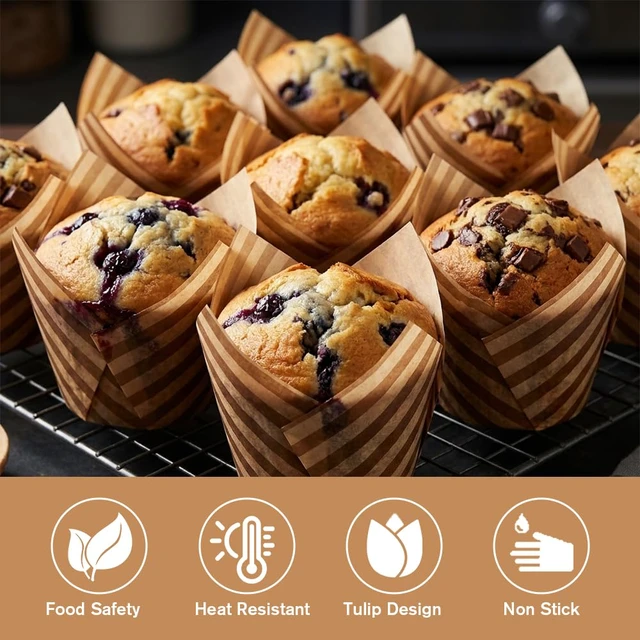 Alt view image 4 of 7 - 200Pcs Stripes Tulip Cupcake Liners Muffin Liners Holders Wooden | Baking Paper Cups Parchment Paper Greaseproof Cup Cake Wrappers for Party Christmas Birthdays Baby Showers