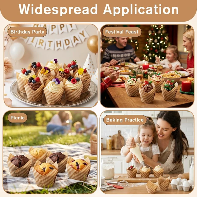 Alt view image 7 of 7 - 200Pcs Stripes Tulip Cupcake Liners Muffin Liners Holders Wooden | Baking Paper Cups Parchment Paper Greaseproof Cup Cake Wrappers for Party Christmas Birthdays Baby Showers