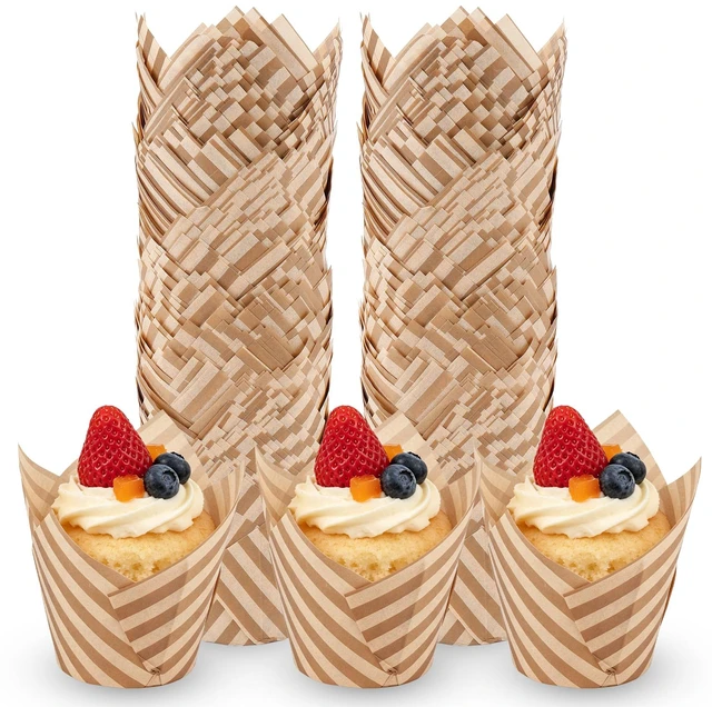 Main image of 200Pcs Stripes Tulip Cupcake Liners Muffin Liners Holders Wooden | Baking Paper Cups Parchment Paper Greaseproof Cup Cake Wrappers for Party Christmas Birthdays Baby Showers