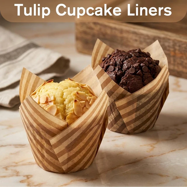 Alt view image 5 of 7 - 200Pcs Stripes Tulip Cupcake Liners Muffin Liners Holders Wooden | Baking Paper Cups Parchment Paper Greaseproof Cup Cake Wrappers for Party Christmas Birthdays Baby Showers