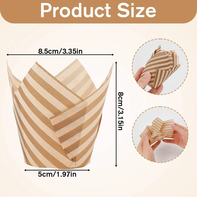 Alt view image 3 of 7 - 200Pcs Stripes Tulip Cupcake Liners Muffin Liners Holders Wooden | Baking Paper Cups Parchment Paper Greaseproof Cup Cake Wrappers for Party Christmas Birthdays Baby Showers