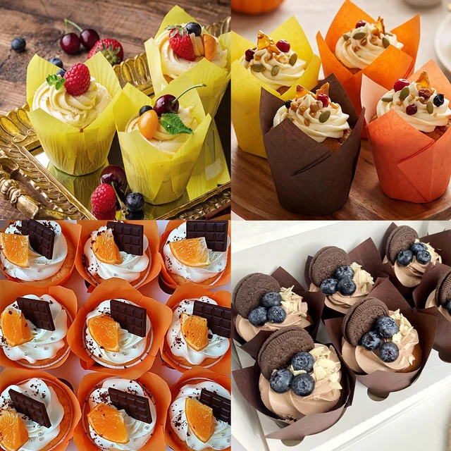 Alt view image 2 of 6 - 200PCS Tulip Cupcake Muffin Liners Greaseproof Paper Baking Cups Cupcake Wrappers for Thanksgiving Birthday Wedding Fall Party Baby Showers Catering (Golden Yellow/Light Orange/Orange/Brown)