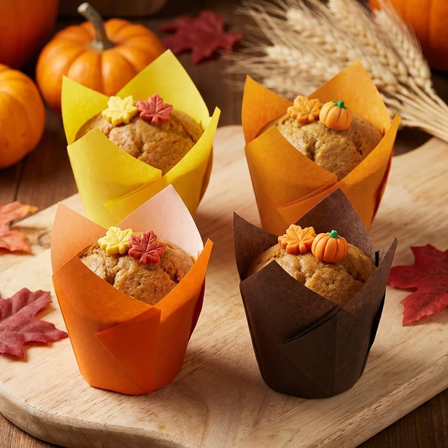Alt view image 6 of 6 - 200PCS Tulip Cupcake Muffin Liners Greaseproof Paper Baking Cups Cupcake Wrappers for Thanksgiving Birthday Wedding Fall Party Baby Showers Catering (Golden Yellow/Light Orange/Orange/Brown)